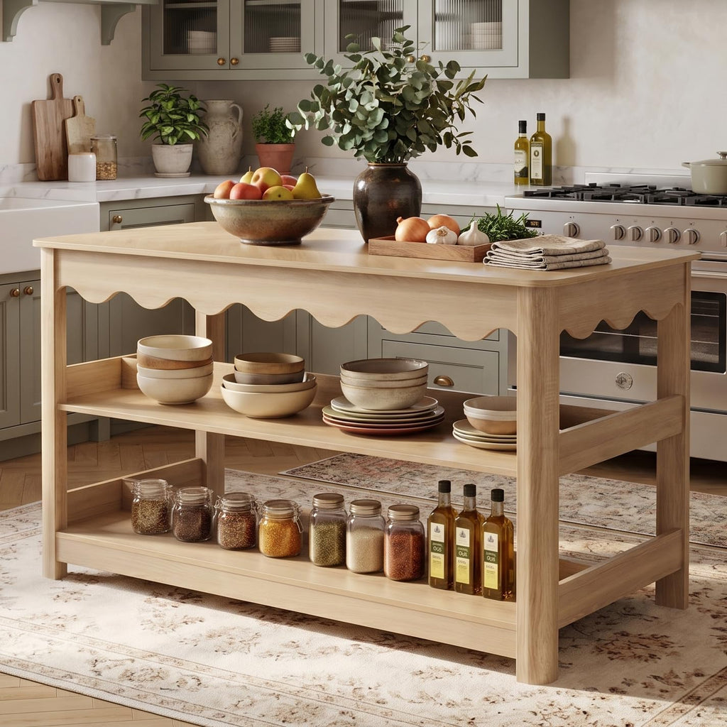 LITTLE TREE 59-Inch Kitchen Island with Seating and Storage, Large Farmhouse Stationary Island Table with Large Worktop, 3-Tier Open Shelves & Leg Room, Light Oak Kitchen Prep Station, Breakfast Bar