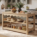 LITTLE TREE 59-Inch Kitchen Island with Seating and Storage, Large Farmhouse Stationary Island Table with Large Worktop, 3-Tier Open Shelves & Leg Room, Light Oak Kitchen Prep Station, Breakfast Bar
