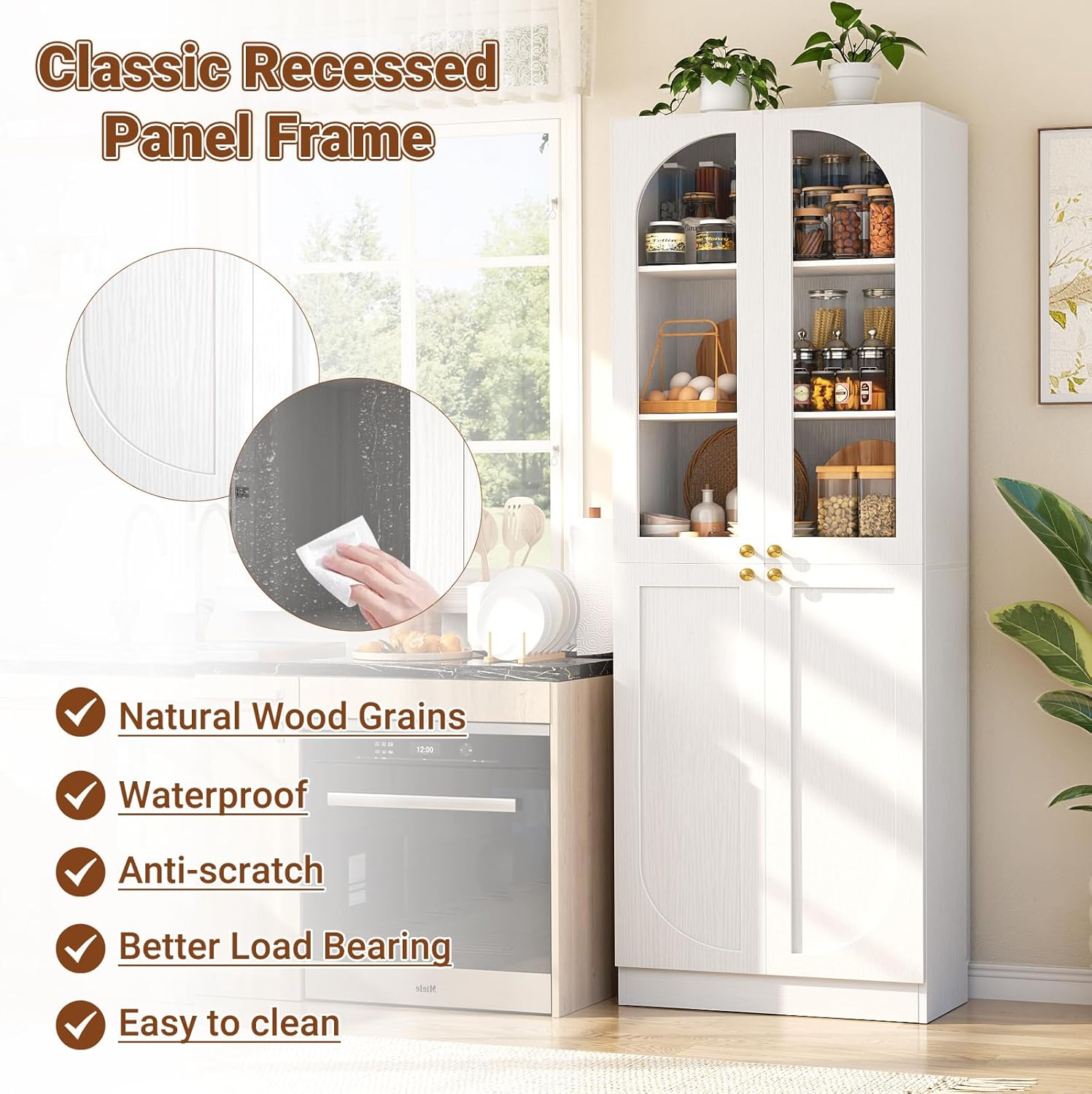 Cyclysio 80" Tall Pantry with 6 Drawers, Arched Kitchen Storage Cabinets with 6-Tier Open Shelves and 4 Tempered Glass Doors, Wood Floor Cupboard with Seamless Fit Wall for Living Room