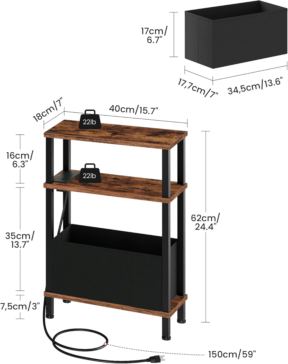 CHOEZON Narrow Nightstand and Narrow Skinny Side Table with Charging Station Bundle, Small Bedside Table with Drawers, Slim Nightstand for Small Spaces for Living Room, Bedroom, TBZ07UBF-MBZ12HT