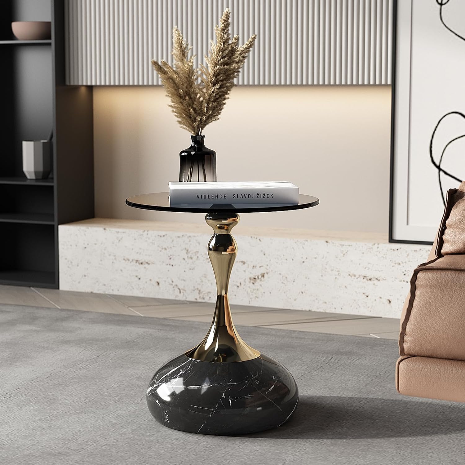 Lartis 10mm Gray Tempered Glass Side Table with Marble-Finish Base & Nano-Coated Pole - Weighted Accent Table for Living Room, Bedroom, Balcony (Gold/Black)