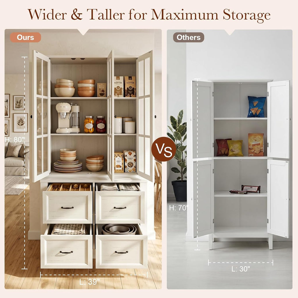 80" Modular Kitchen Pantry Cabinet, 2-in-1 Freestanding Tall Pantry Cabinet with Glass Doors & Adjustable Shelves, Large Hutch Storage Cabinet for Kitchen & Living Room (2, Vintage Warm White, AD)