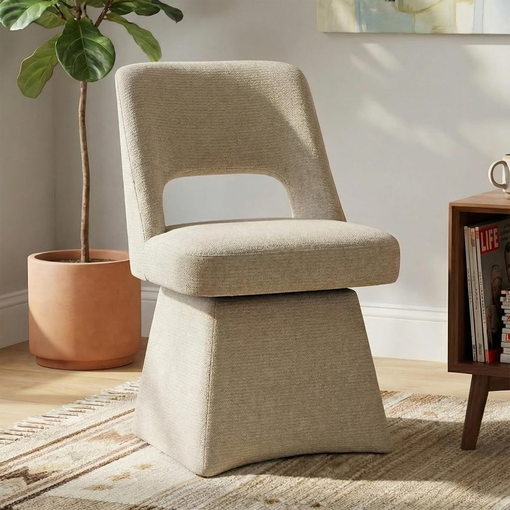 VKNOW Upholstered Swivel Dining Chairs, Modern Dining Room Chairs with Open Back, Chenille Fabric Kitchen Chairs for Dining Room, Living Room, Bedroom, Vanity, Khaki(1 Pack)