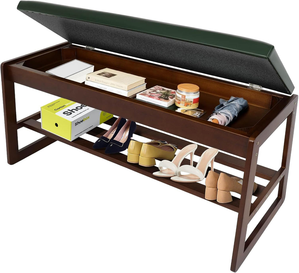 FAHKNS 2-Tiers Shoe Rack Bench 39.4" Shoe Bench with Flip-Top Storage Box, Rubberwood Entryways Shoes Rack for Hallway, Living Room, Bedroom, Closet