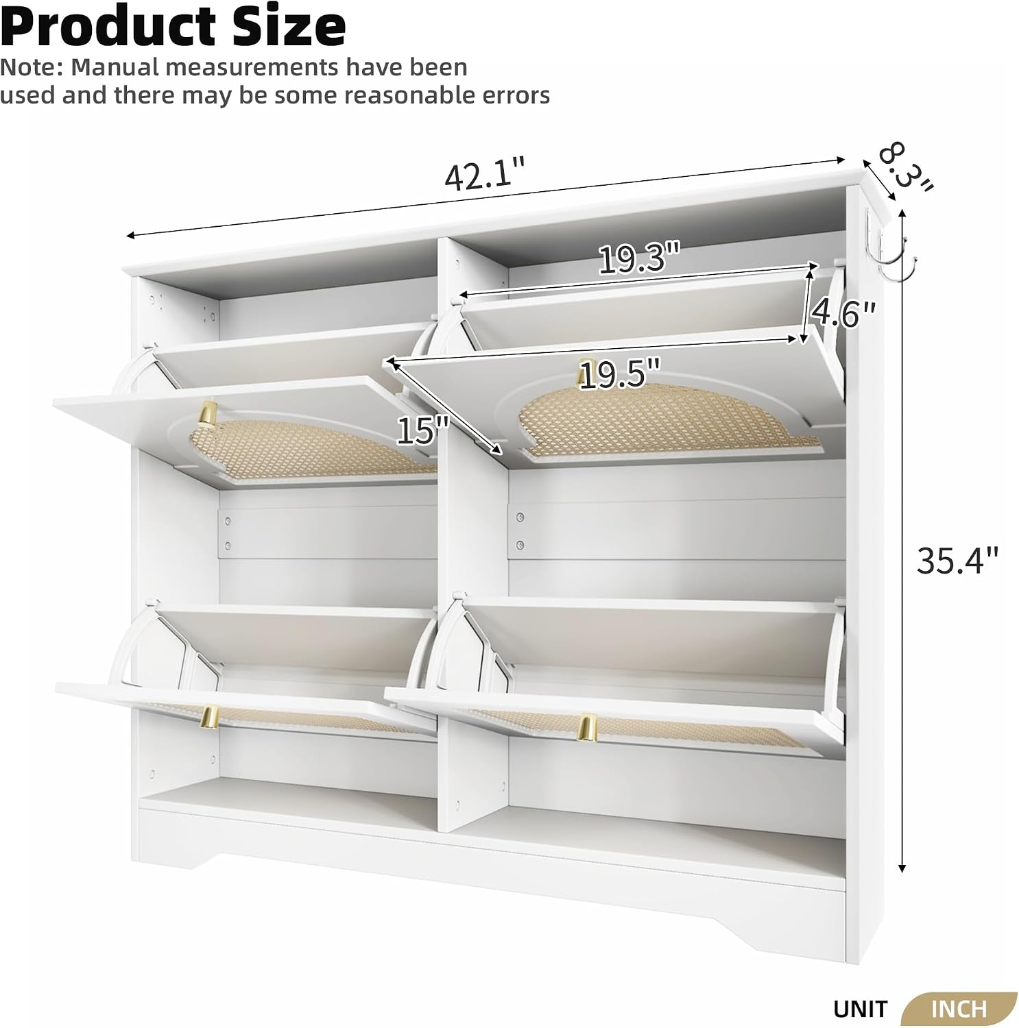 Freestanding Shoe Rack, Tipping Bucket Shoe Cabinet with 4 Flip Drawers, Elegant Entryway Shoe Organizer with 4 Rattan Doors,for Kitchen Home