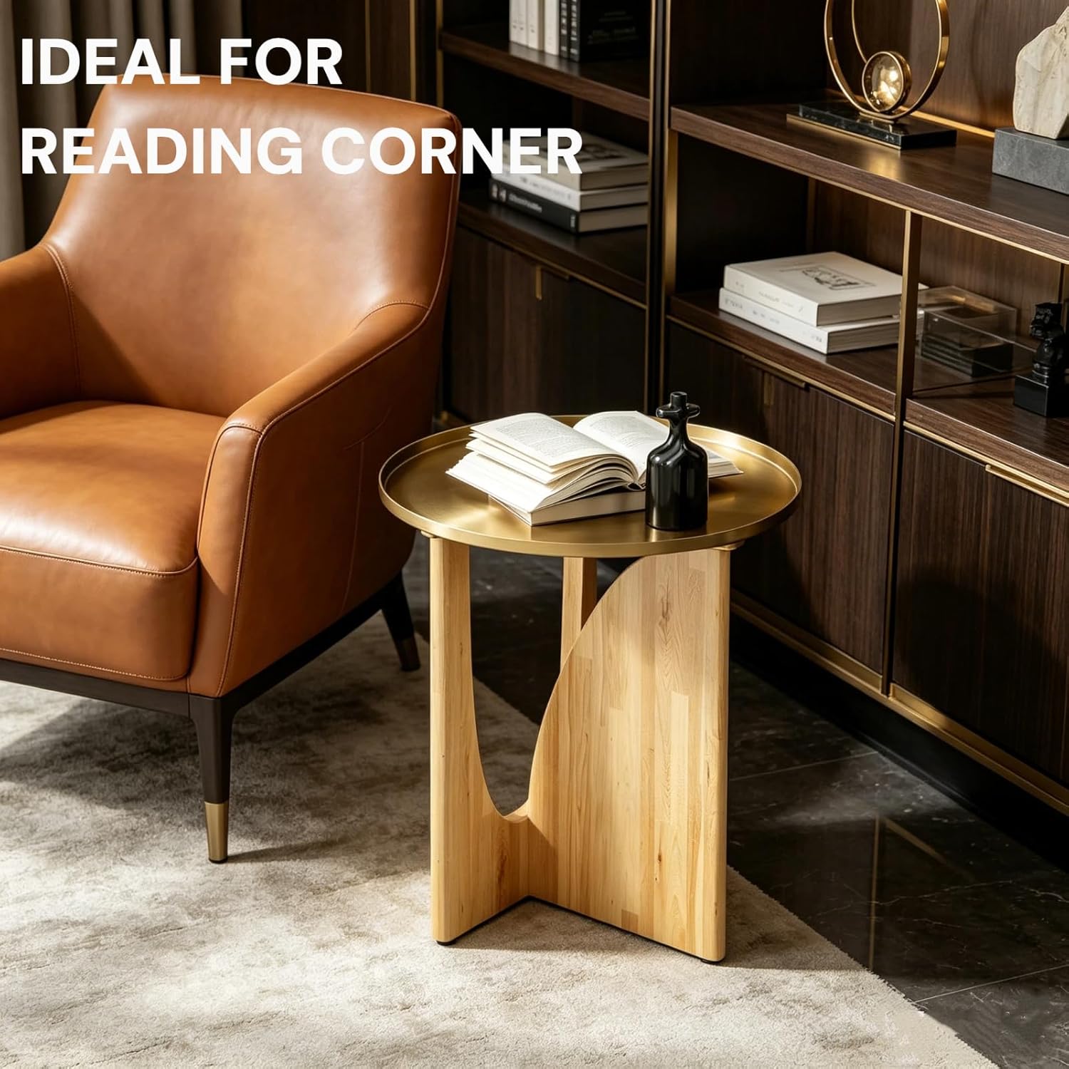 Gold End Tables Set of 3, Round Side Tables, Sofa Table with Wood Legs and Raised Edge Metal Top for Living Room, Bedroom, Bedside, Small Spaces, Easy Assembly, Natural