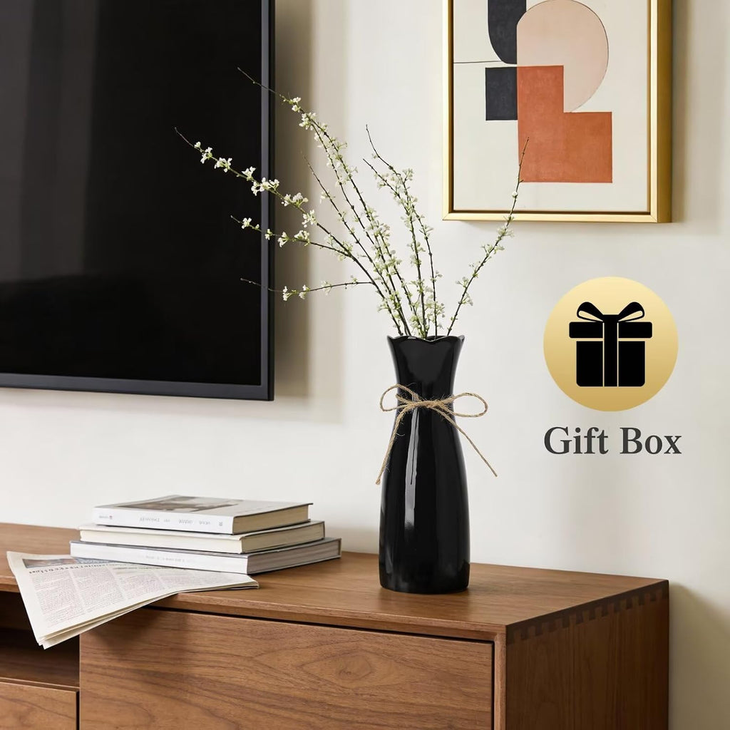 Small Vase Black Ceramic Jute Rope Simple Vases for Home Decor Minimalist Modern Flower Vase Elegant Decorative Glossy Vase for Pampas Grass, Office, Living Room, Mantel and Bedroom Décor