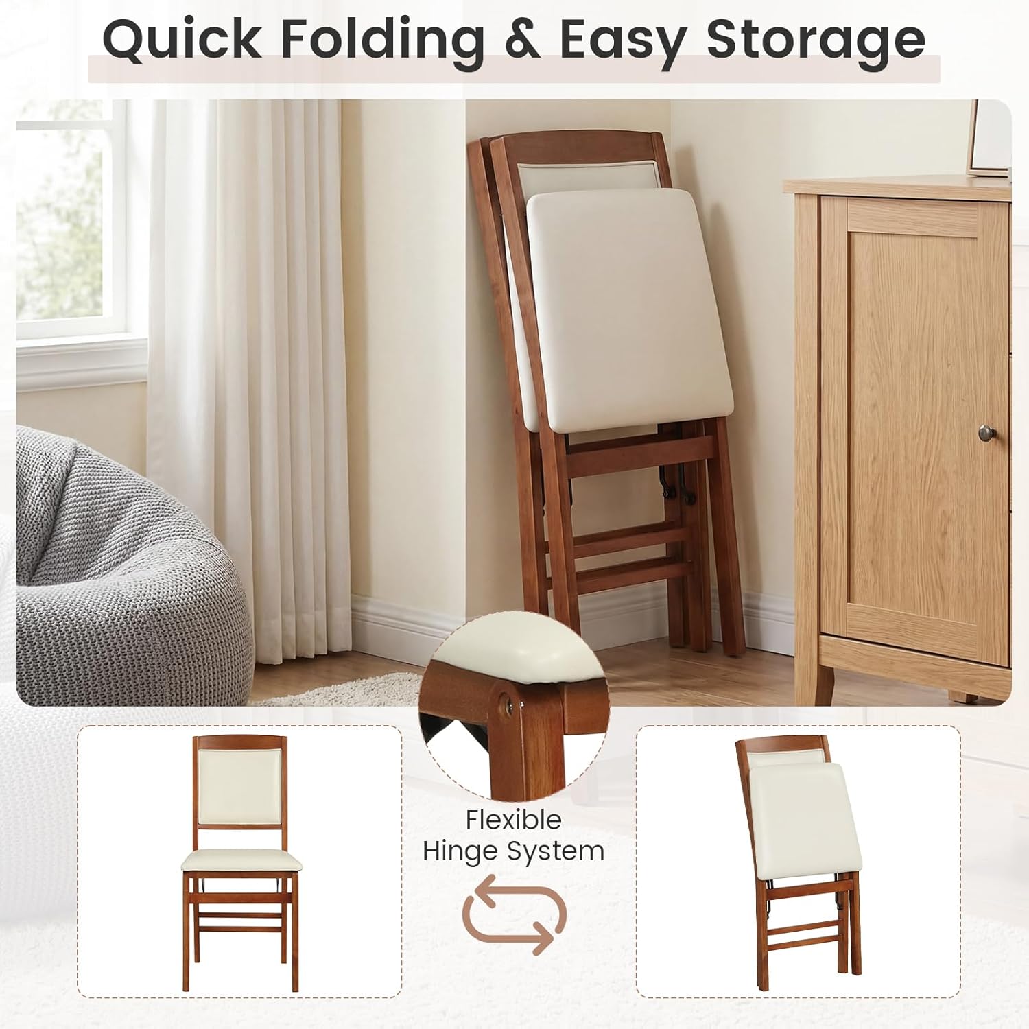COSTWAY Folding Dining Chairs Set of 2, Wooden Kitchen Side Chairs w/Padded Seat, Solid Wood Frame, 400 LBS Load Bearing, No Assembly Needed, Vintage Foldable Chairs for Dining Living Room, Walnut