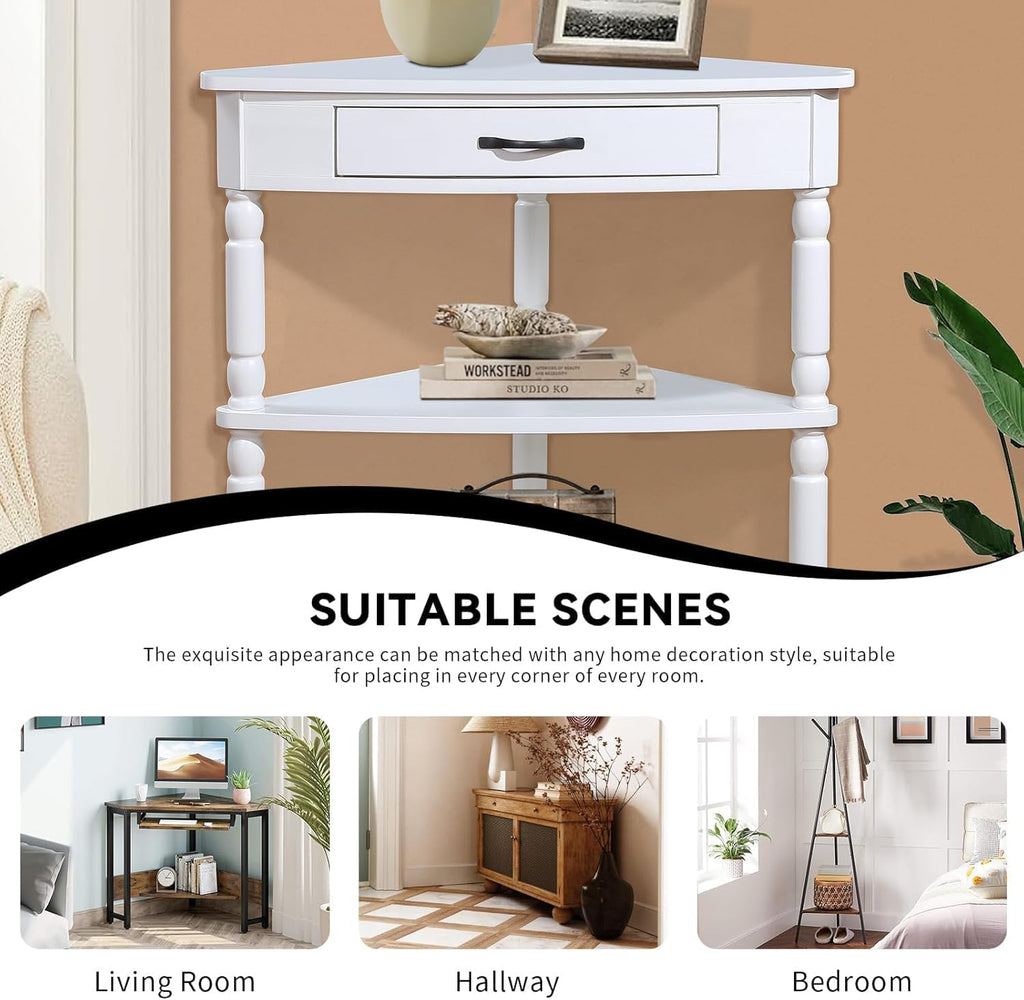 Small Corner Table with Drawer, Wood 3 Tier Triangle Side Table Corner Shelf Stand with 2 Open Shelves, Farmhouse Narrow Cabinet Organizer for Living Room, Small Spaces, Milk White