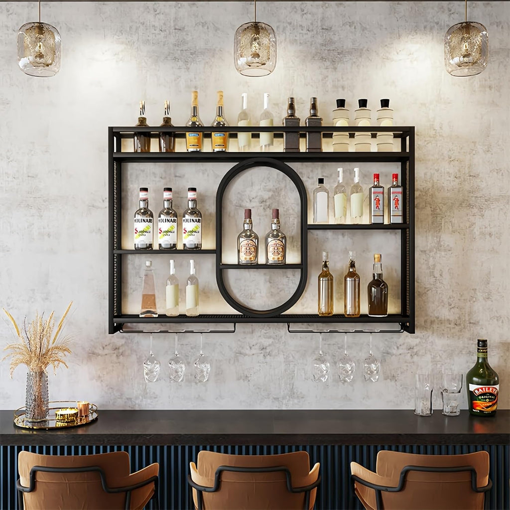 47" Upgrade Metal Wall Mounted Wine Rack, 3 Tier Bar Shelves with Glass Holder, Large Capacity Modern Liquor Shelves for Home Bar, Dining Room & Kitchen, Black