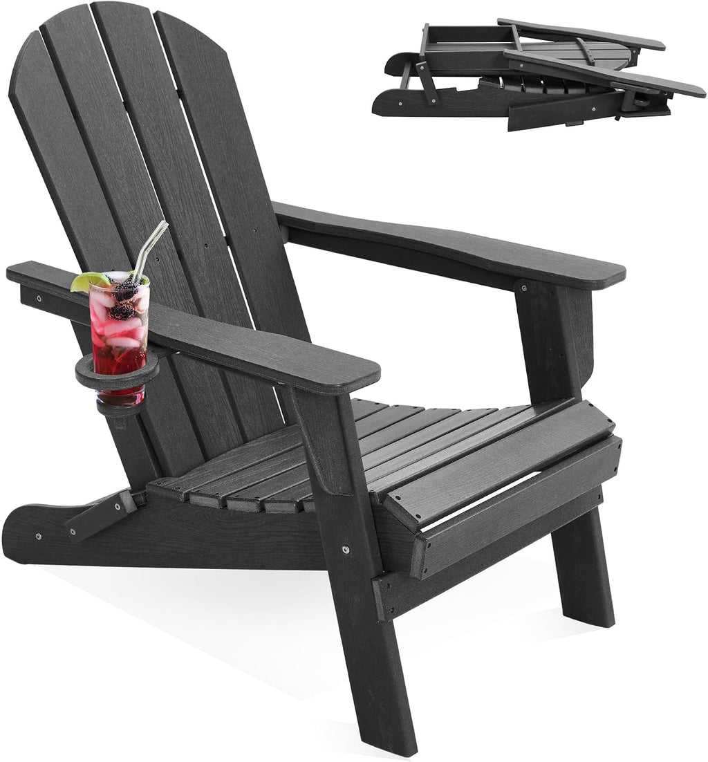 Folding Adirondack Chair with Cup Holder, HDPE All-Weather Folding Patio Chair, Outdoor Patio Adirondack Chair for Lawn Porch Garden Backyard Deck Fire Pit, Gray