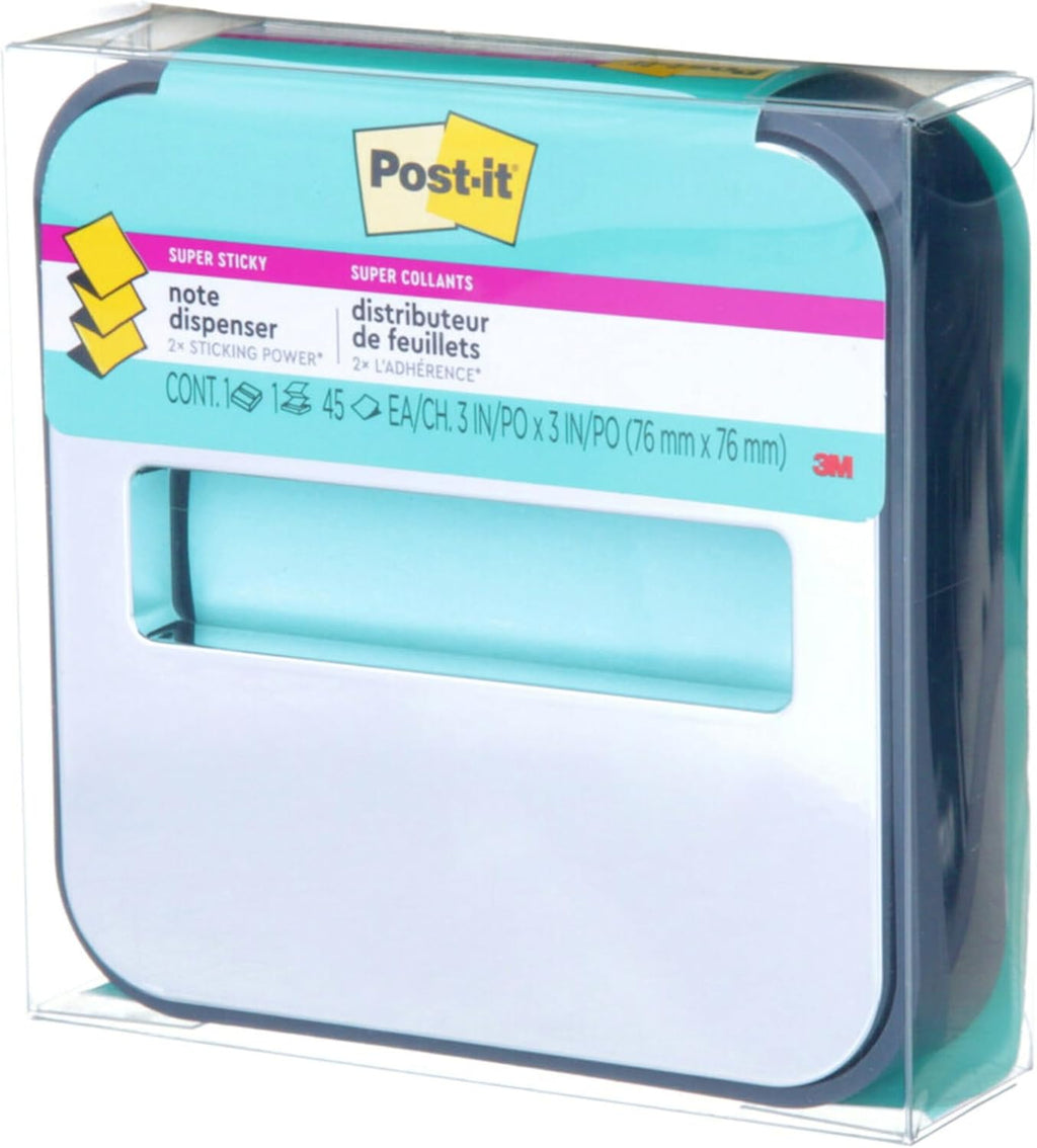 Post-it Note Dispenser with Post-it Pop-up Notes, Black Base with Steel Top, 1 Aqua Splash 3 in. x 3 in. Super Sticky Note Pad, Classroom or Office Supplies