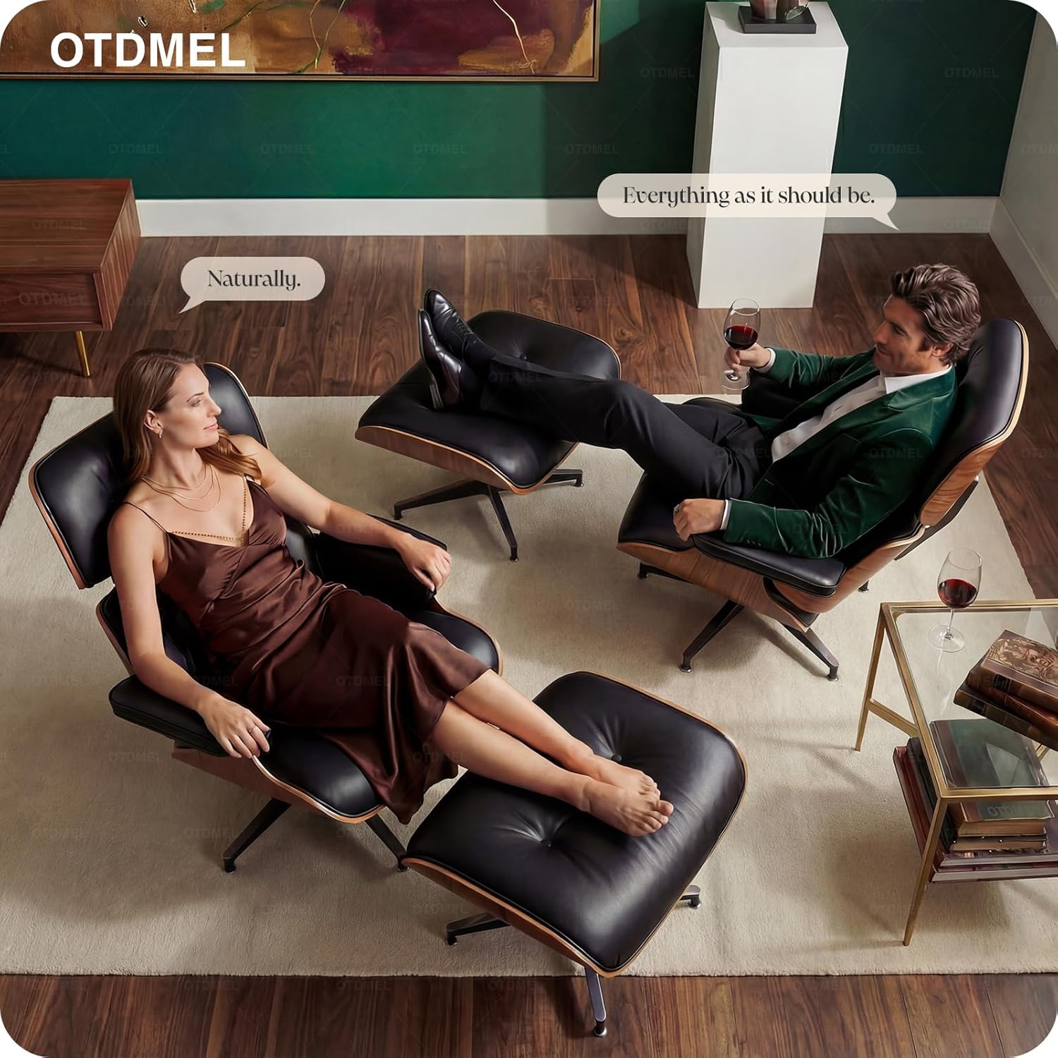 Luxury Top Black Grain Leather Mid Century Chaise Lounge Chair with Ottoman, Premium Handcrafted Walnut Wood, Ergonomic Modern Accent Chair for Living Room Office