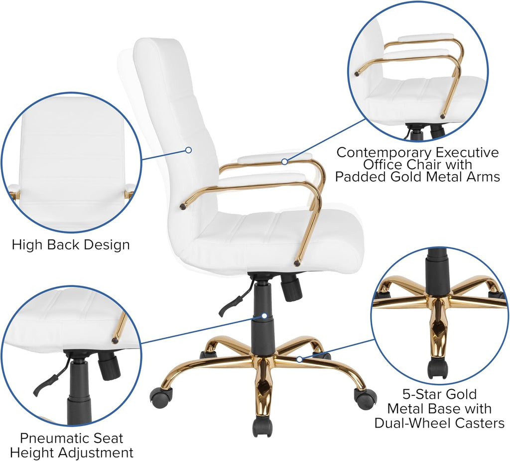 Flash Furniture Whitney Mid-Back Swivel LeatherSoft Desk Chair with Padded Seat and Armrests, Adjustable Height Padded Office Chair, 27"D x 26"W x 43"H, White/Gold