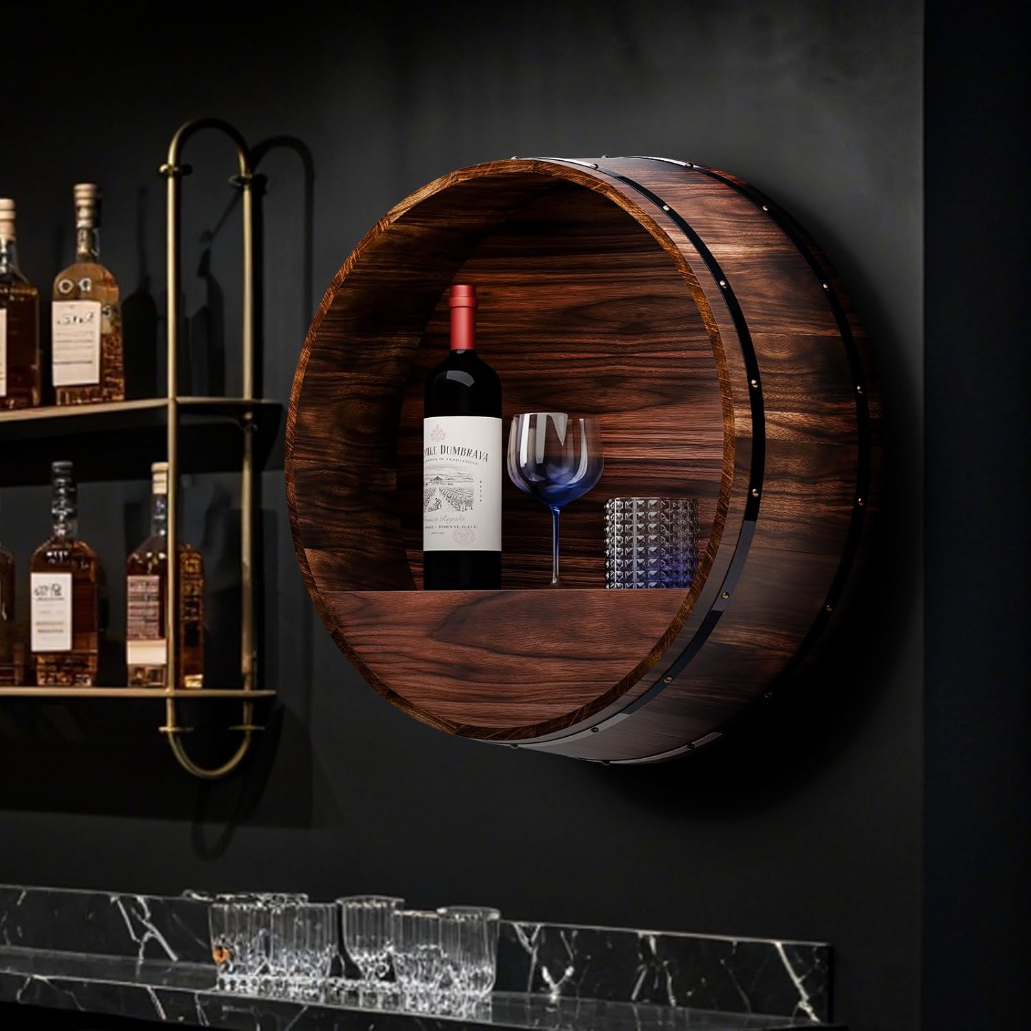 Whiskey Barrel Decor, Bourbon Whiskey Barrel Shelf, Wall Mount Wine Rack, Rustic Wine Rack Wood for Vintage Wine Bar and Home Décor (Small)
