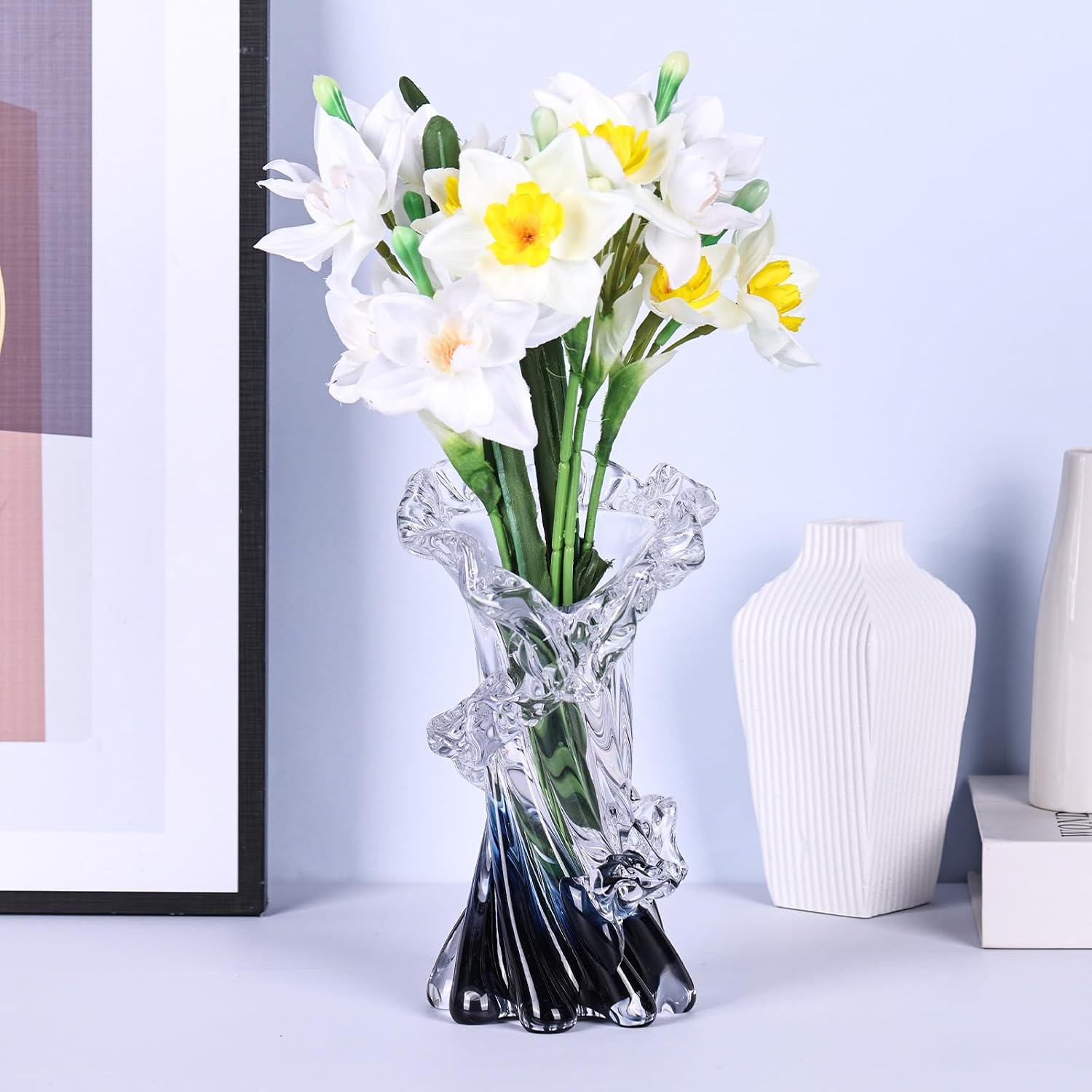 Hand Blown Blue Glass Vase, Unique Art Beautiful Ocean Glass Vase for Coastal Home Decor, Coffee Table, Living Room, Office Decor - 8" H