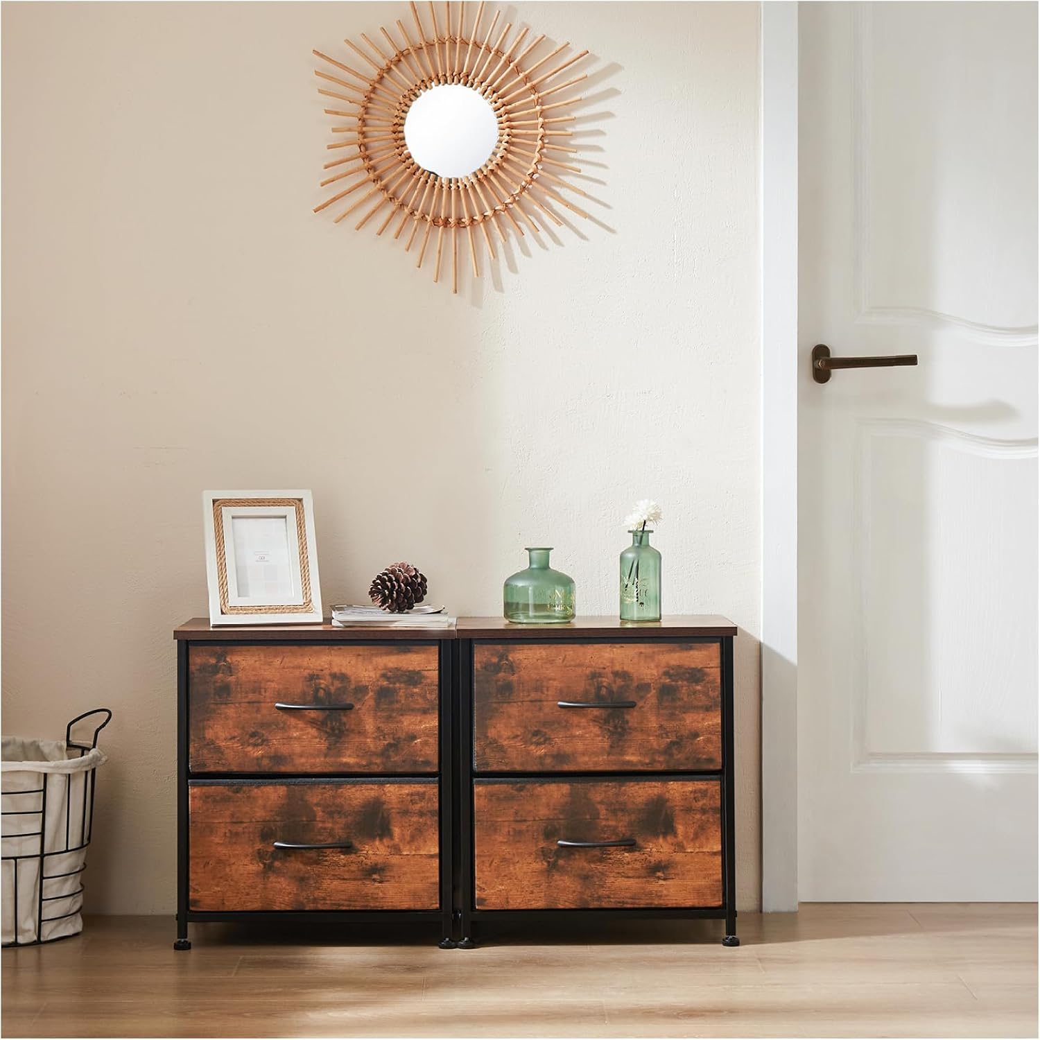 Fabric Dresser 2 Drawers, Nightstands with Adjustable Feet, End Table Set of 2