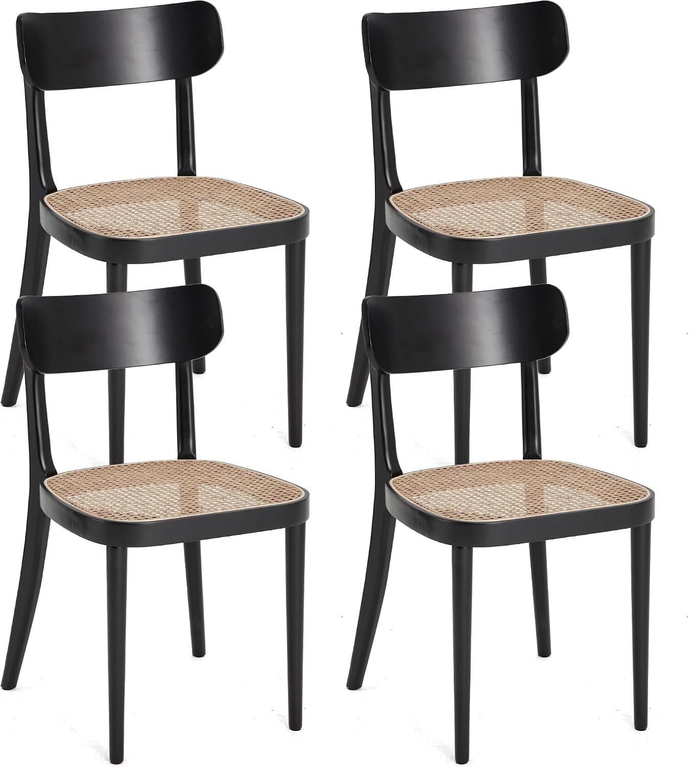 AVAWING Black Wood Dining Chairs Set of 4, Farmhouse Dining Chairs with Cane Seat and Curved Back for Kitchen & Dining Room