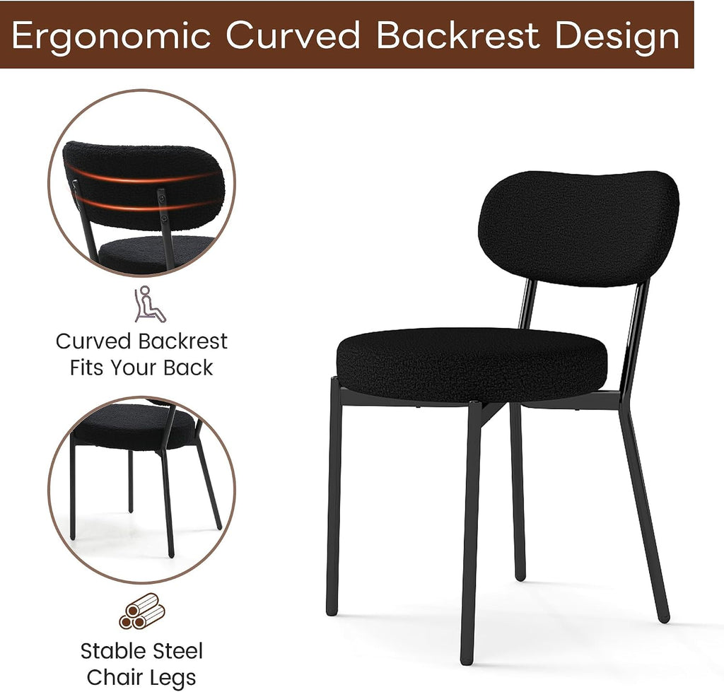 KROFEM Set of 4 Boucle Fabric Dining Chairs, Mid-Century Style Comfort Sponge Filled Seat Back Dining Room Chairs for Kitchen Dining Table，Black