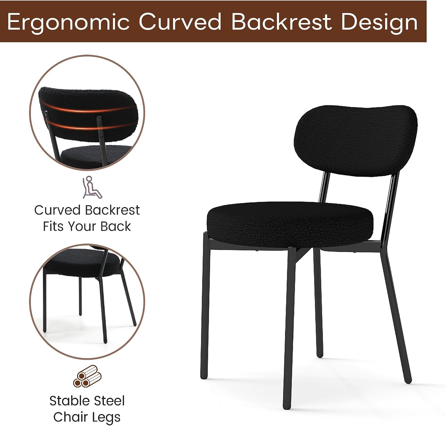 KROFEM Set of 4 Boucle Fabric Dining Chairs, Mid-Century Style Comfort Sponge Filled Seat Back Dining Room Chairs for Kitchen Dining Table，Black