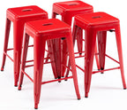 24 Inch Metal Bar Stools,Counter Height Bar Chair,Indoor Outdoor Backless Kitchen Stools Set of 4,Red