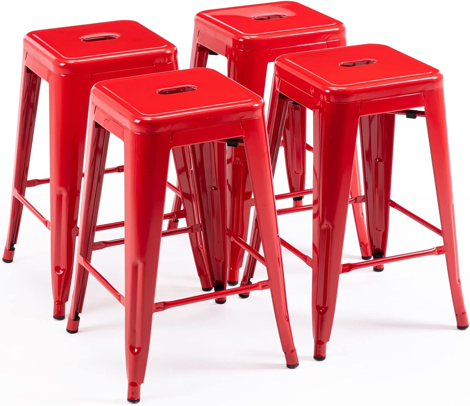24 Inch Metal Bar Stools,Counter Height Bar Chair,Indoor Outdoor Backless Kitchen Stools Set of 4,Red