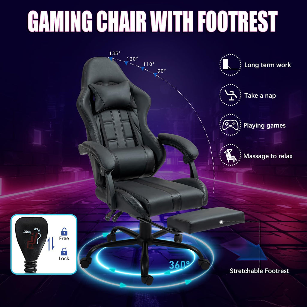 ECOTOUGE Massage Gaming Chair, Video Game Chair with Footrest, Ergonomic Computer Chair with Headrest and Massage Lumbar Support, Height Adjustable High Back Office Desk Chair with 360° Swivel, Black