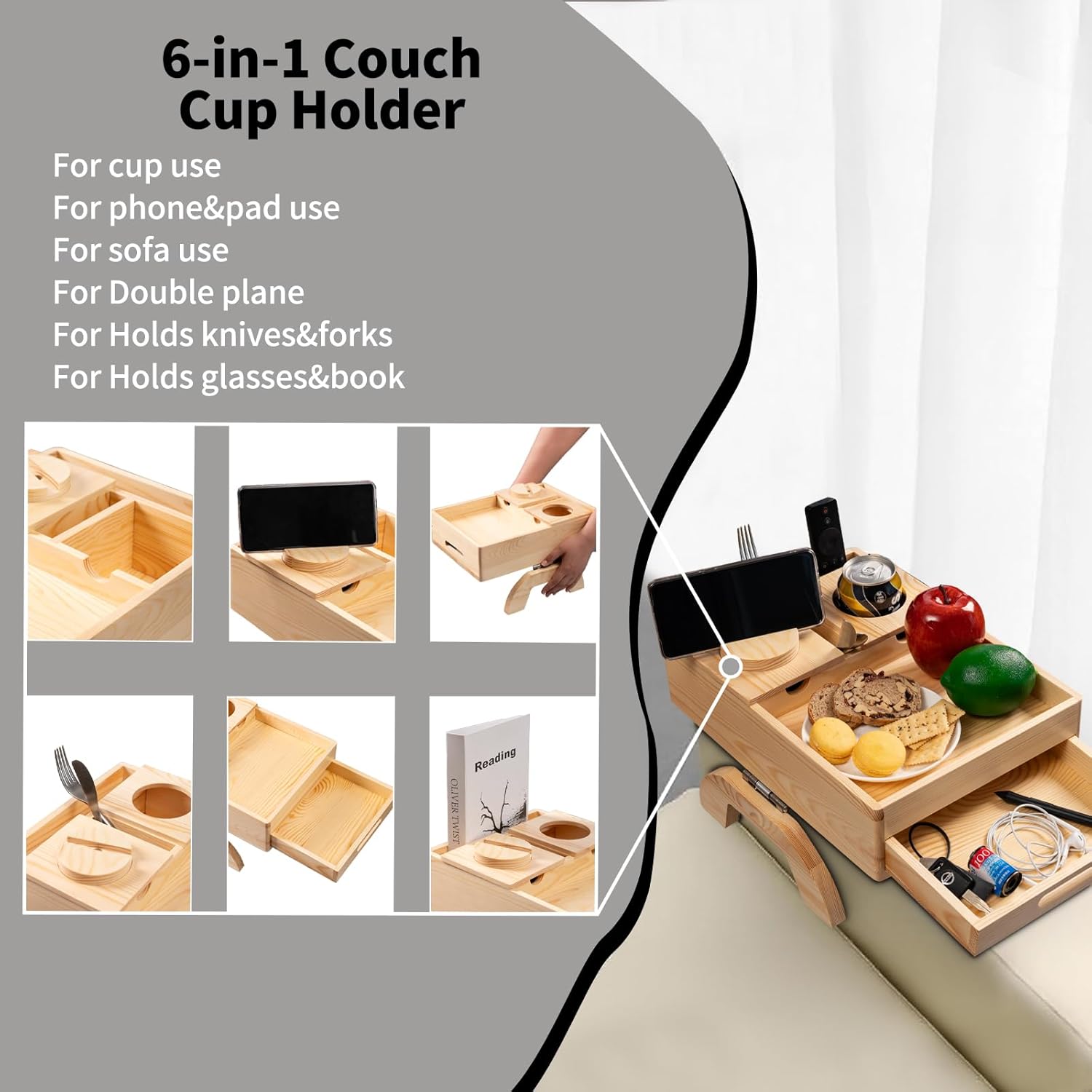 FrutPunch Couch Cup Holder Tray, 6-in-1 Couch Arm Tray, Couch Armrest Table with Drawer for Organizing and Storing Small Items, 360° Rotating Phone Holder for Placing Drinks, Books, Snacks.