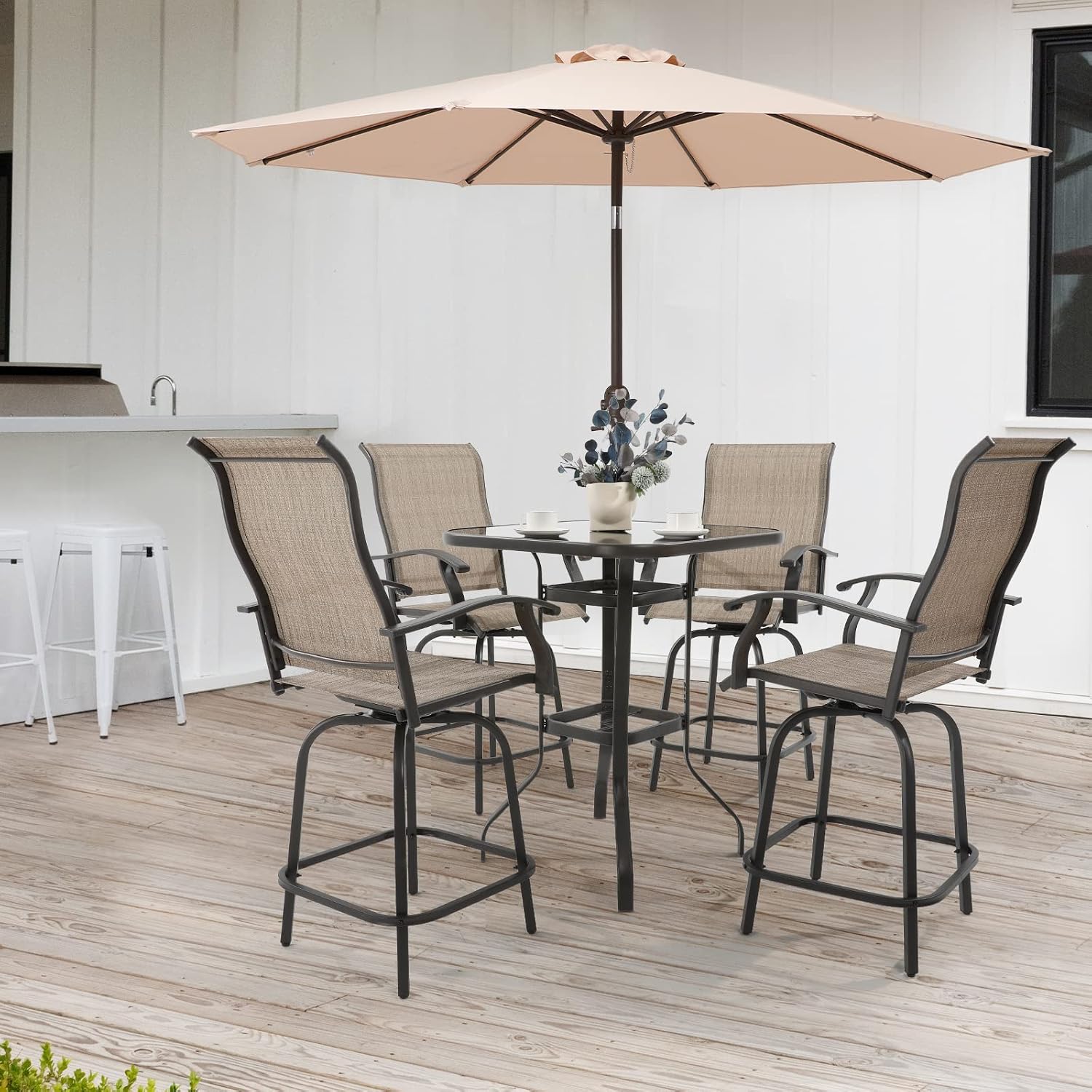 UDPATIO Outdoor Swivel Bar Stools Set of 4,Outdoor High Bistro Stools with Waterproof Textile Fabric,Armrest,Footrest,All Weather Bar Height Patio Chairs for Poolside, Garden, Backyard,Brown