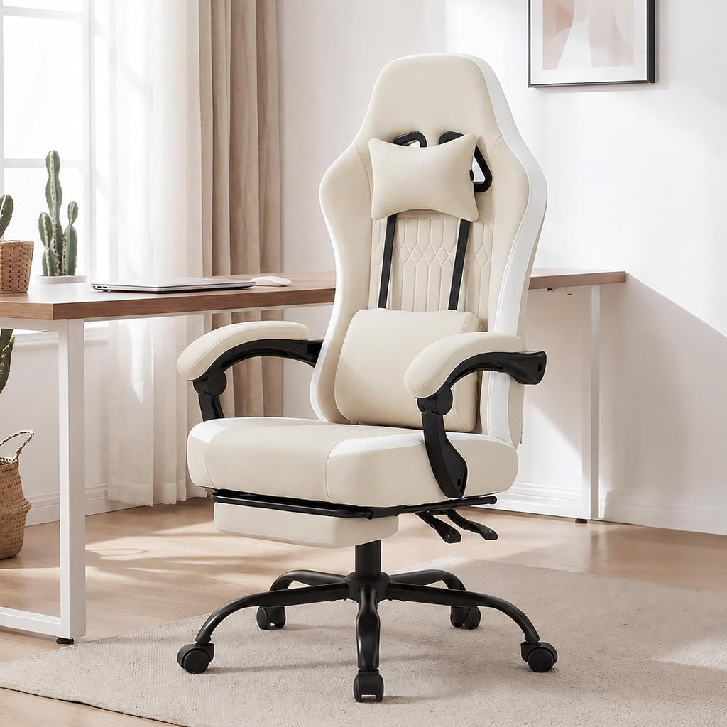 Computer Gaming Chair - High Back Ergonomic Desk Chair with Footrest and Lumbar Support, Height Adjustable Task Chair with Linkage Armrests and Headrest, 360° Swivel Wheels, Khaki