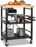 Mythinglogic Foldable Kitchen Cart with Wheels, Rolling Kitchen Island with Wood Top, 3-Tier Microwave Stand Coffee Bar Cart with Side Storage Rack, Black