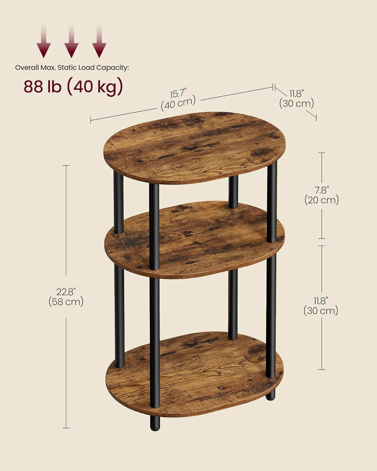 VASAGLE Side Table, Small End Table, Tall Nightstand for Living Room, Bedroom, Office, Bathroom, Steel Frame, Industrial Style, Oval, Rustic Brown and Ink Black ULET288K101