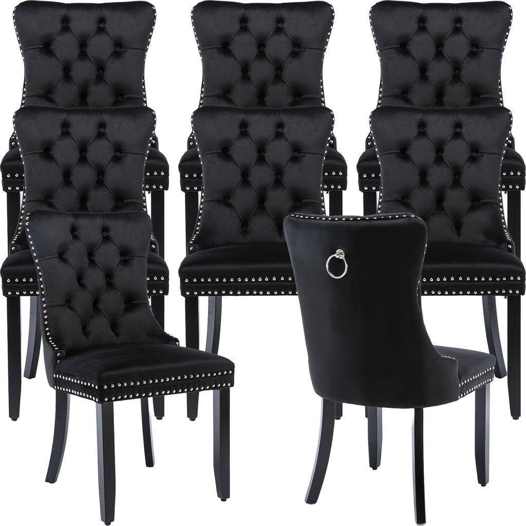ODUSE-DAILY Black Velvet Dining Chairs Set of 8, Kitchen & Dining Room Chairs, Four Fabric Tufted Dinning Chairs, Velvet Upholstered, Wing Back, Metal Pull Ring, Wood Frame, Mid Century Modern