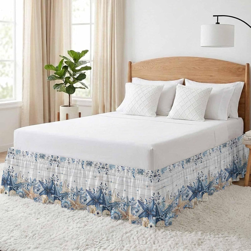 Coastal Bed Skirt California King Size 18" Drop Ocean Blue Beige Starfish Shells Leaves Grey Wooden Ruffled Wrap Around Bed Skirts Adjustable Elastic Bedskirt Dust Ruffle for Queen King Cal.King Bed