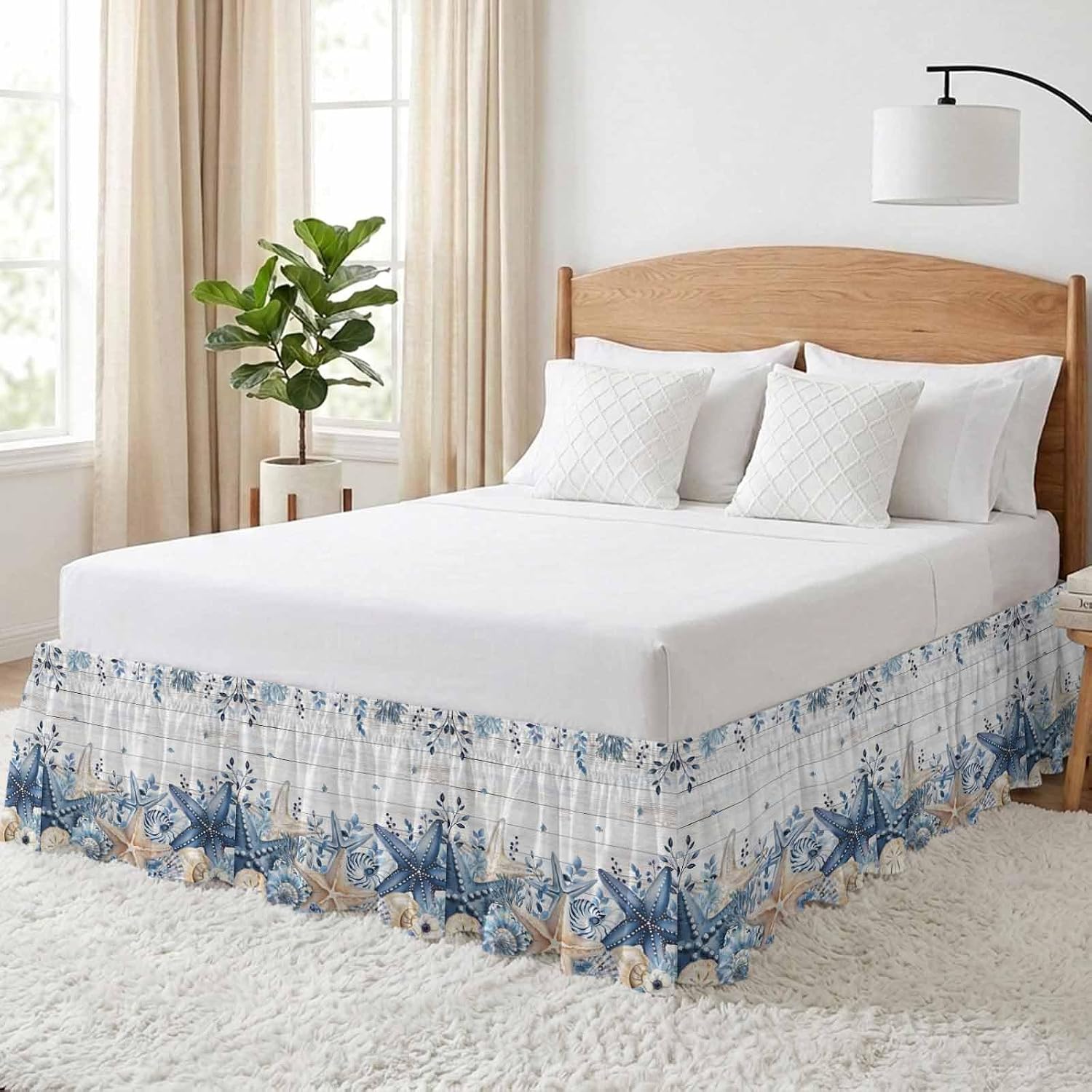 Coastal Bed Skirt California King Size 18" Drop Ocean Blue Beige Starfish Shells Leaves Grey Wooden Ruffled Wrap Around Bed Skirts Adjustable Elastic Bedskirt Dust Ruffle for Queen King Cal.King Bed