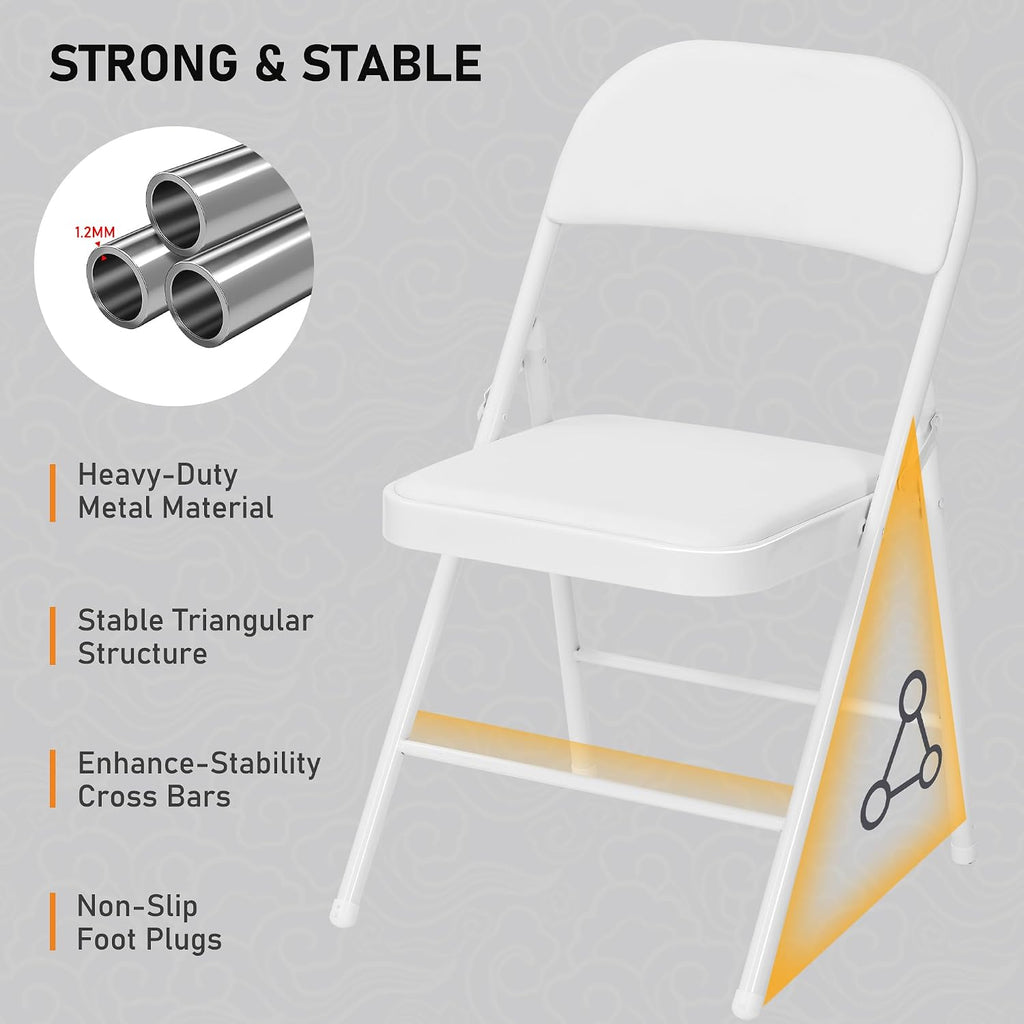 SEALAMB 10 Pack Folding Chairs with Cushion Seat, Heavy Duty Metal Frame Portable Stackable Chairs for Wedding Party Office School Church Events, Indoor Outdoor Use, 350 lb Capacity,White
