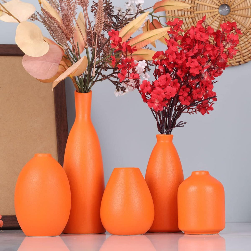 Orange Ceramic Small Vase Set of 5 - Modern Orange Decor Small Bud Vases for Floral Arrangements, Centerpieces for Weddings, Dinner Parties, Table Settings, Foyer, Bathroom Decorations