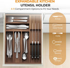 TIOPGHAD Small-Bamboo-Silverware-Drawer-Organizer, Expandable Utensil Kitchen Cutlery Tray Flatware Organization Wood Tableware Dividers Storage (with Removable Knife Block)(Brown)