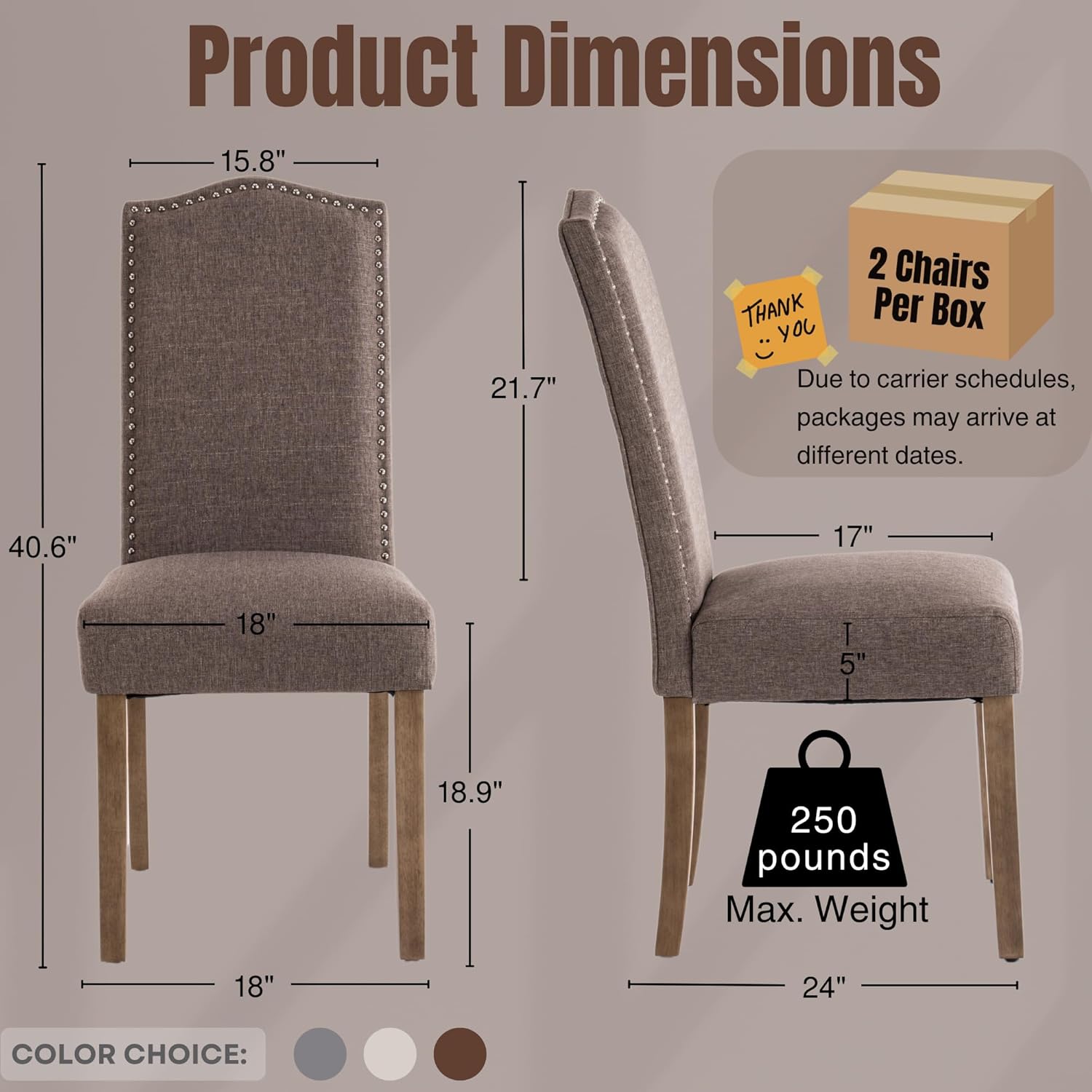 Upholstered Dining Chair Modern Stylish Parsons Kitchen Diner High Back with Silver Nailhead Trim & Wood Legs, Set of 4, Fabric Brown