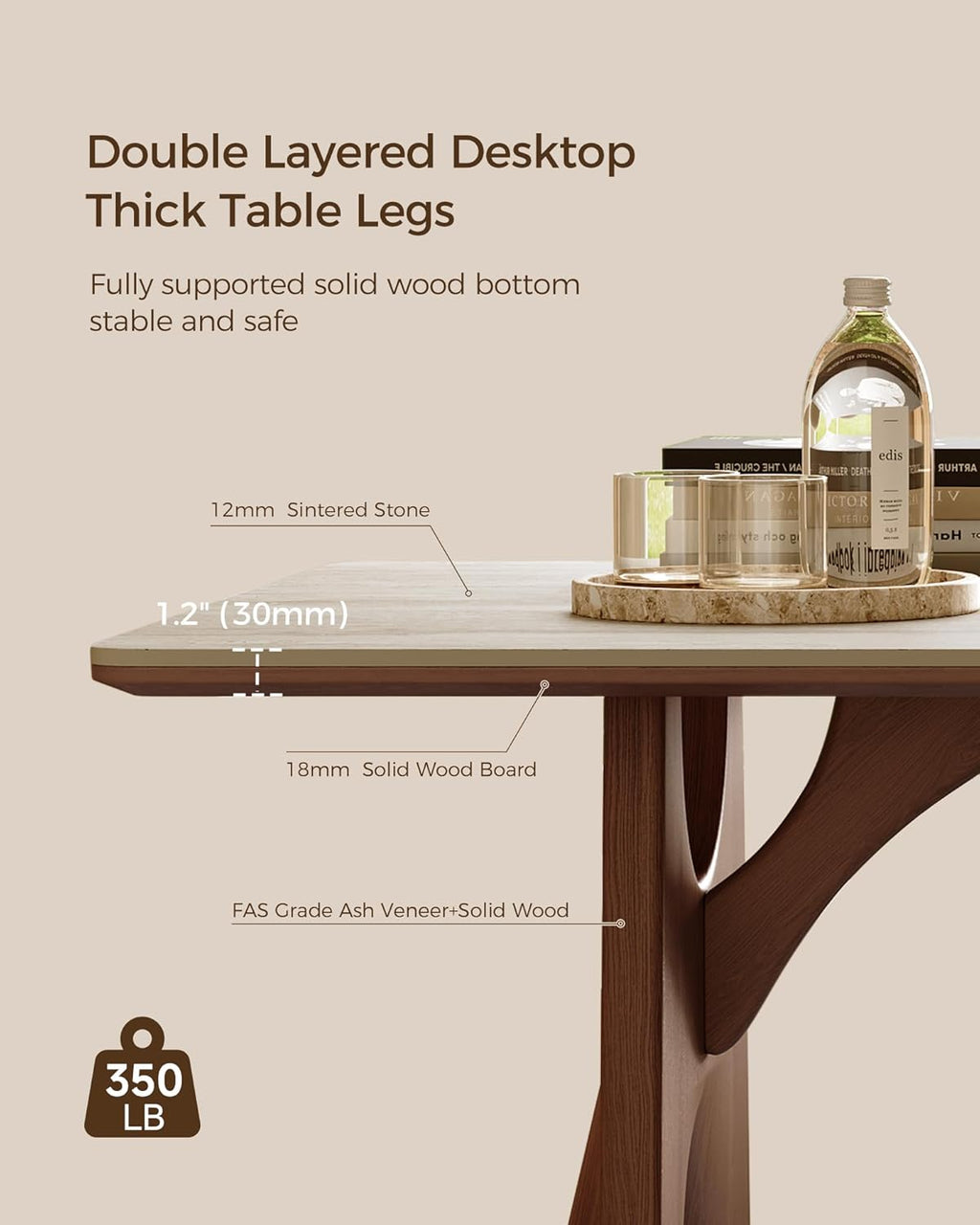 71" Sintered Stone Dining Table for 6, Luxury Rectangle Kitchen Table with Solid Wood Base, Mid Century Modern Dining Room Table
