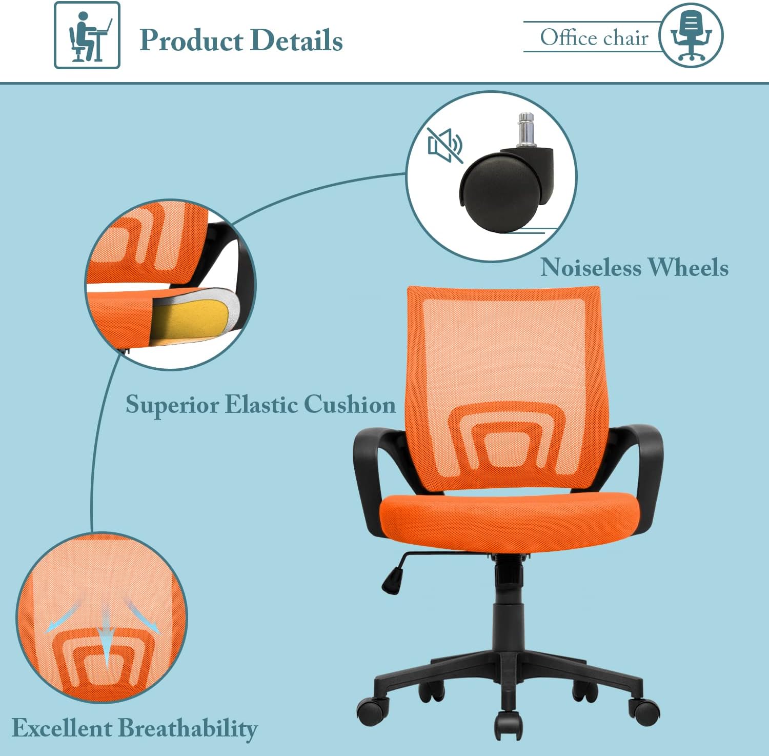 Shahoo Office Chair Swivel Task Seat with Mid-Back, Ergonomic Waist Support, Mesh, Orange
