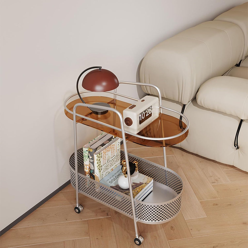 Double Layer Trolly Side Table, Metal Rolling Cart Storage Shelf, Side Table with Wheels, Small Spaces Bedside Table for Home Sofa Kitchen Living Room Bedroom