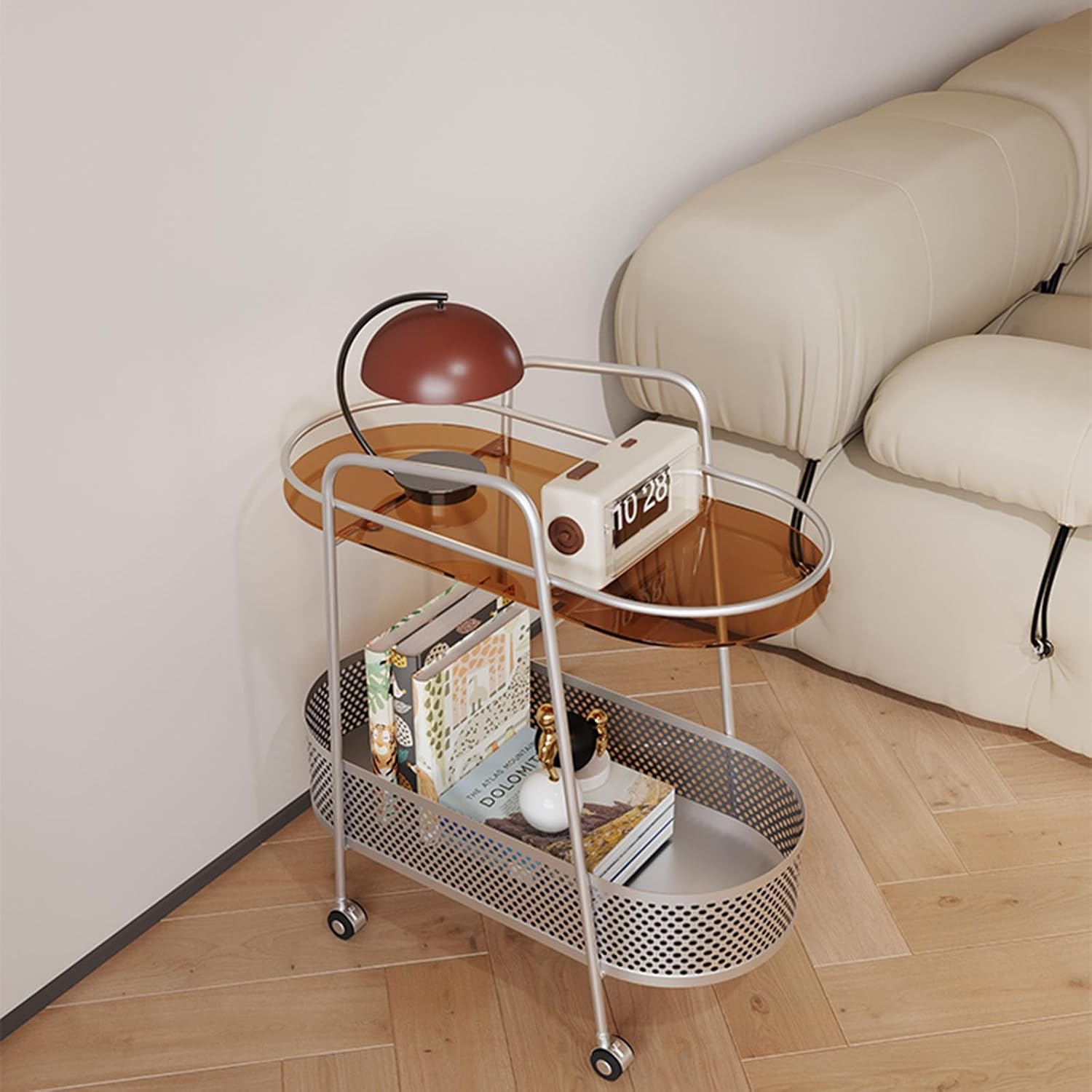 Double Layer Trolly Side Table, Metal Rolling Cart Storage Shelf, Side Table with Wheels, Small Spaces Bedside Table for Home Sofa Kitchen Living Room Bedroom