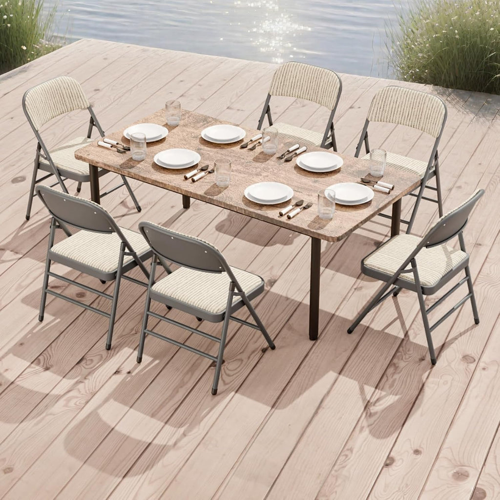 4 Pack Folding Chairs Fabric Dining Chair Set with Padded Cushion and Back, Indoor Outdoor Foldable Seat with Steel Frame for Home Office Events Wedding Party, Oatmeal Strip Seating