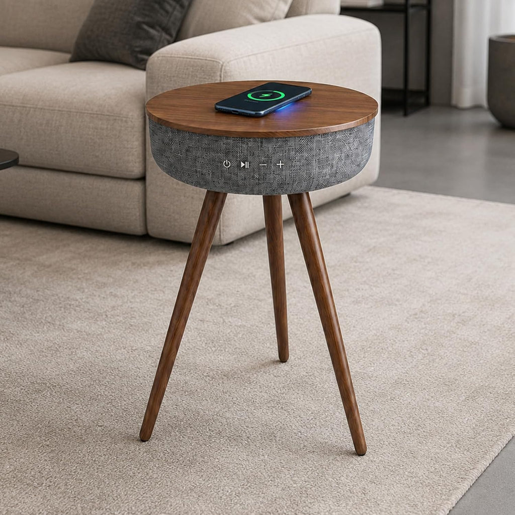 Smart Side Table with Wireless Charger, Modern Smart End Table with Speaker, 16" Coffee Table with USB Charging Port for Bedroom, Living Room, Office