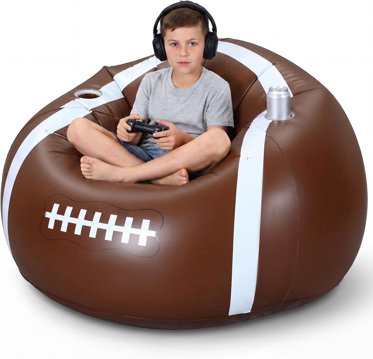 34" Inflatable Football Bean Bag Chair for Kids & Teens with Cup Holders Boys Room Decor PVC Blow up Bean Bag Chair Inflatable Gaming Couch for Boys Video Game Bedroom Camping Night Party