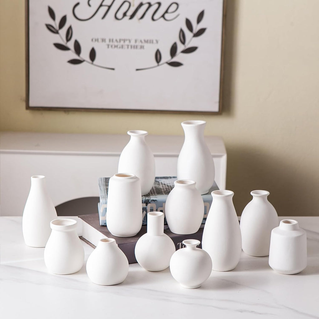 Ceramic Bud Vase Set of 12, White Small Vases | Mini single stem vases for flowers, wedding centerpieces, dining table, shelf display, modern decor accents