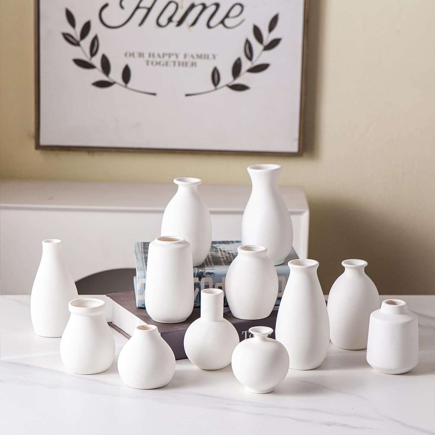 Ceramic Bud Vase Set of 12, White Small Vases | Mini single stem vases for flowers, wedding centerpieces, dining table, shelf display, modern decor accents