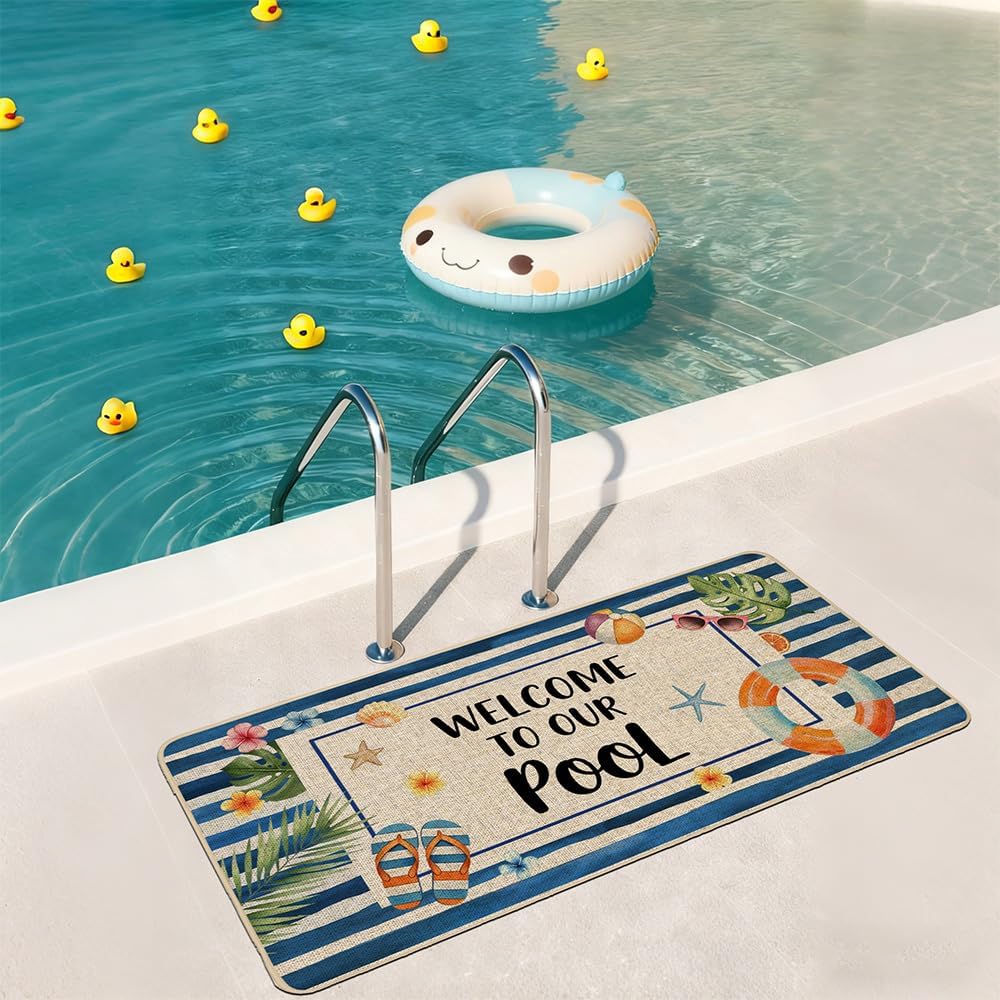 Baccessor Summer Pool Doormat 17x36 Inch Long, Welcome to Our Pool Tropical Poolside Low Profile Door Mat Non-Slip Rubber Backing for Floor Entrance Seasonal Outside Patio Porch Home Decor