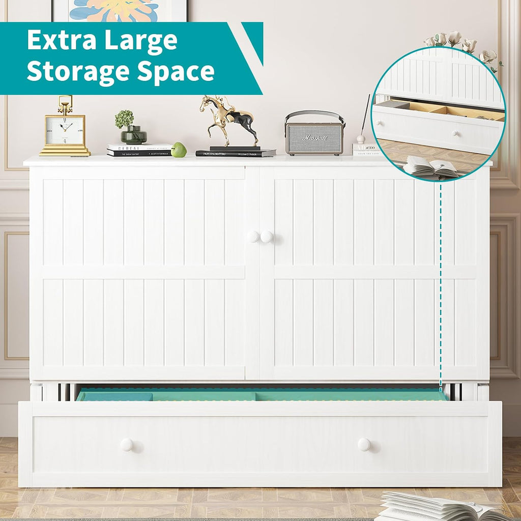 BALUS Queen Murphy Bed, Cabinet Murphy Bed with Large Storage Drawer-White | USB Charing Station, Spacious Drawer, Space Saving, Queen Bed Frame